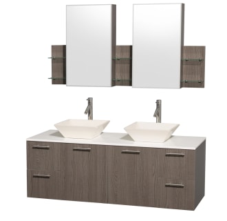 Grey Oak Vanity with White Stone Top and Bone Porcelain Sinks