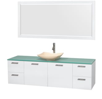 Glossy White Vanity with Green Glass Top and Arista Ivory Marble Sink