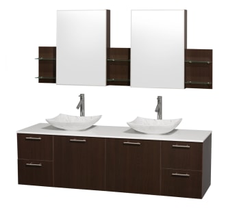 Espresso Vanity with White Stone Top and Arista White Carrera Marble Sinks