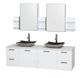 Glossy White Vanity with White Stone Top and Altair Black Granite Sinks