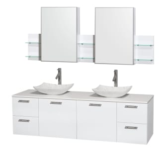 Glossy White Vanity with White Stone Top and Arista White Carrera Marble Sinks
