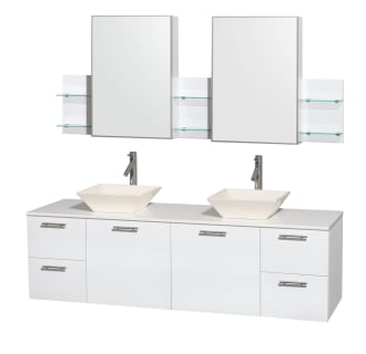 Glossy White Vanity with White Stone Top and Bone Porcelain Sinks