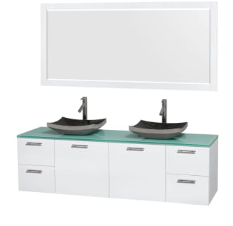 Glossy White Vanity with Green Glass Top and Altair Black Granite Sinks