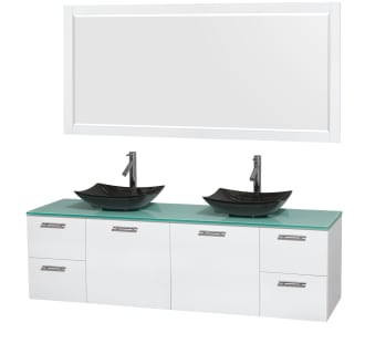 Glossy White Vanity with Green Glass Top and Arista Black Granite Sinks