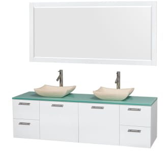 Glossy White Vanity with Green Glass Top and Avalon Ivory Marble Sinks