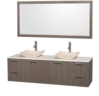 Grey Oak Vanity with White Stone Top and Avalon Ivory Marble Sinks