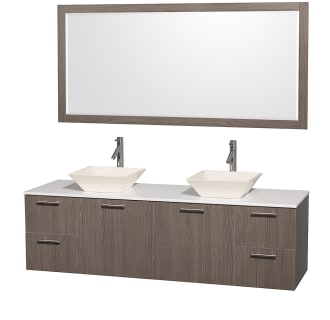 Grey Oak Vanity with White Stone Top and Bone Porcelain Sinks