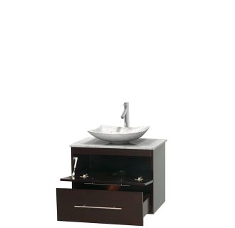 Open Vanity View with White Carrera Marble Top and Vessel Sink