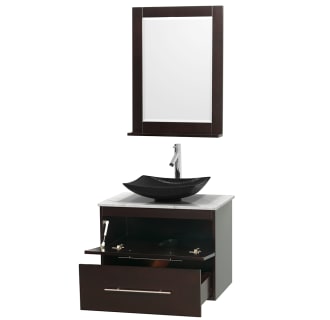 Open Vanity View with White Carrera Marble Top, Vessel Sink, and 24" Mirror
