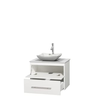 Open Vanity View with White Stone Top and Vessel Sink