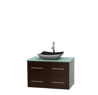 Full Vanity View with Green Glass Top and Vessel Sink