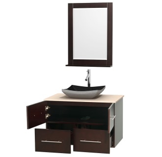 Open Vanity View with Ivory Marble Top, Vessel Sink, and 24" Mirror