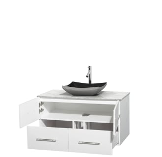 Open Vanity View with White Carrera Marble Top and Vessel Sink