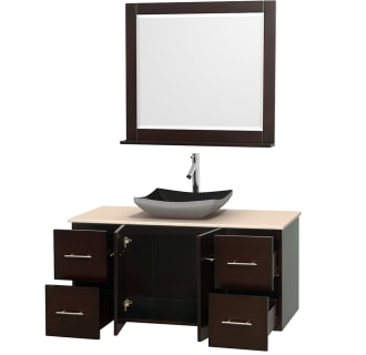 Open Vanity View with Ivory Marble Top, Vessel Sink, and 36" Mirror
