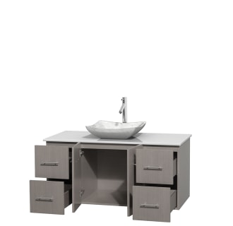 Open Vanity View with White Stone Top and Vessel Sink