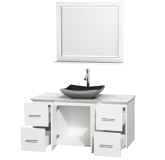 Open Vanity View with White Carrera Marble Top, Vessel Sink, and 36" Mirror