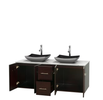 Open Vanity View with White Carrera Marble Top and Vessel Sinks