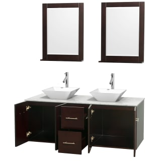 Open Vanity View with White Carrera Marble Top, Vessel Sinks, and 24" Mirrors
