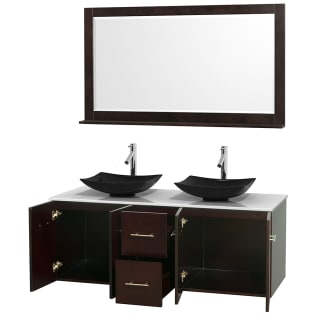 Open Vanity View with White Stone Top, Vessel Sinks, and 58" Mirror