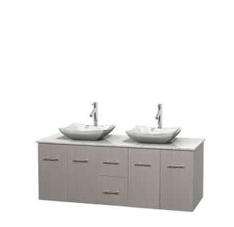 Full Vanity View with White Carrera Marble Top and Vessel Sinks