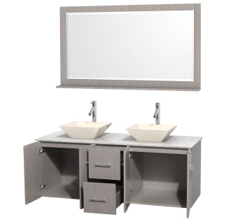 Open Vanity View with White Carrera Marble Top, Vessel Sinks, and 58" Mirror