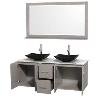 Open Vanity View with White Carrera Marble Top, Vessel Sinks, and 58" Mirror