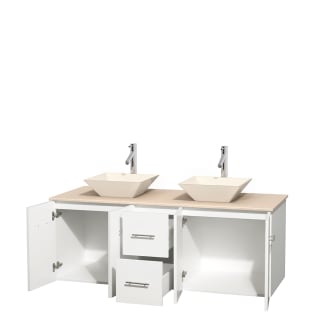 Open Vanity View with Ivory Marble Top and Vessel Sinks