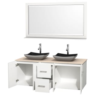 Open Vanity View with Ivory Marble Top, Vessel Sinks, and 58" Mirror