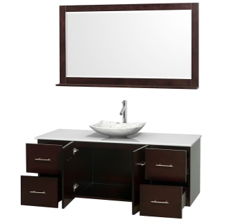Open Vanity View with White Stone Top, Vessel Sink, and 58" Mirror