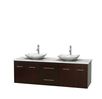 Full Vanity View with White Carrera Marble Top and Vessel Sinks