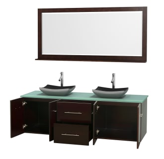 Open Vanity View with Green Glass Top, Vessel Sinks, and 70" Mirror
