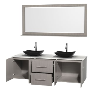 Open Vanity View with White Carrera Marble Top, Vessel Sinks, and 70" Mirror