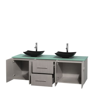 Open Vanity View with Green Glass Top and Vessel Sinks