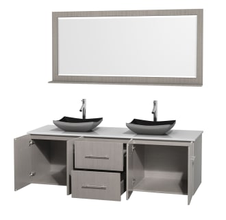 Open Vanity View with White Stone Top, Vessel Sinks, and 70" Mirror
