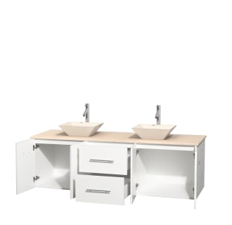 Open Vanity View with Ivory Marble Top and Vessel Sinks