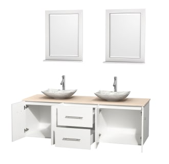 Open Vanity View with Ivory Marble Top, Vessel Sinks, and 24" Mirrors