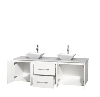 Open Vanity View with White Stone Top and Vessel Sinks