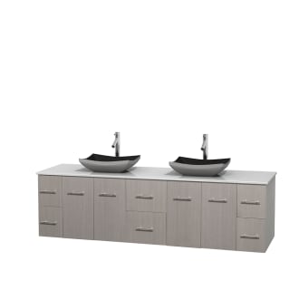 Full Vanity View with White Stone Top and Vessel Sinks