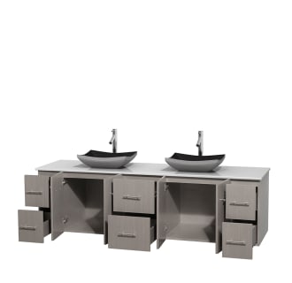 Open Vanity View with White Stone Top and Vessel Sinks