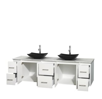 Open Vanity View with White Carrera Marble Top and Vessel Sinks