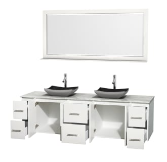 Open Vanity View with White Carrera Marble Top, Vessel Sinks, and 70" Mirror