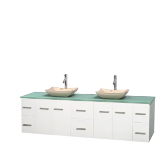 Full Vanity View with Green Glass Top and Vessel Sinks