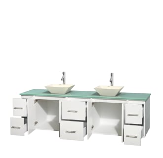 Open Vanity View with Green Glass Top and Vessel Sinks