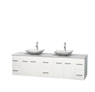 Full Vanity View with White Stone Top and Vessel Sinks