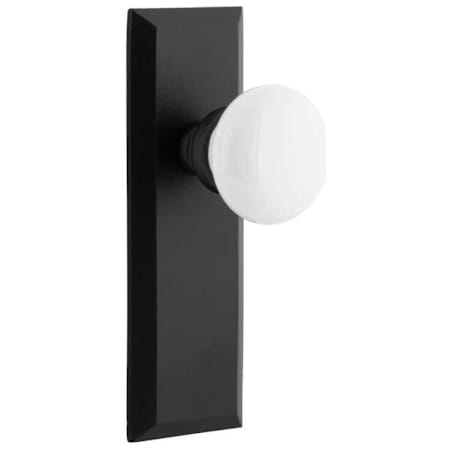 Ageless Iron White Snow Porcelain Left Handed Privacy Door Knob Set with Keep Long Rose and 2-3/4" Backset Black Iron