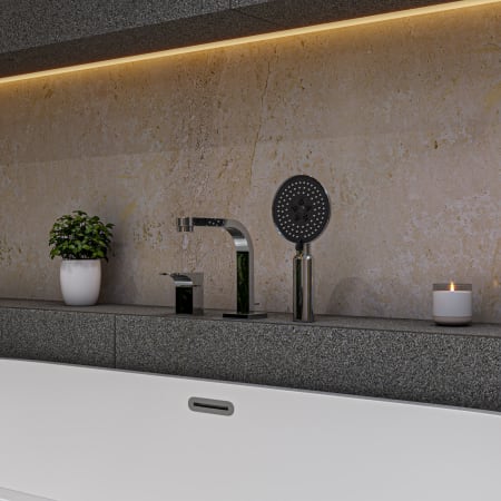 ALFI brand Deck Mounted Roman Tub Filler with Metal Lever Handles and Personal Hand Shower Polished Chrome