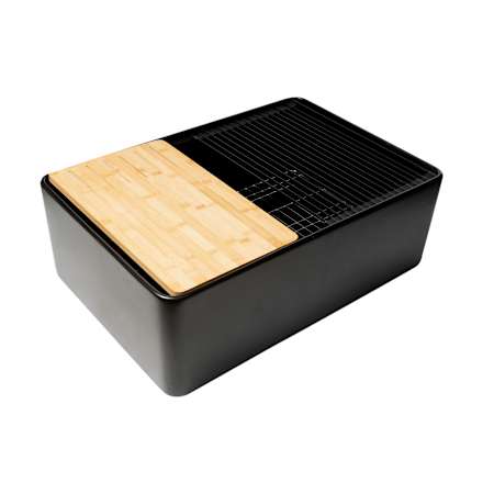 ALFI brand 30" Farmhouse Single Basin Fireclay Kitchen Sink with Basin Rack, Colander, Cutting Board and Drain Board Black Matte