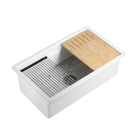 ALFI brand 32" Undermount Single Basin Fireclay Kitchen Sink with Basin Rack, Cutting Board, and Drying Rack White