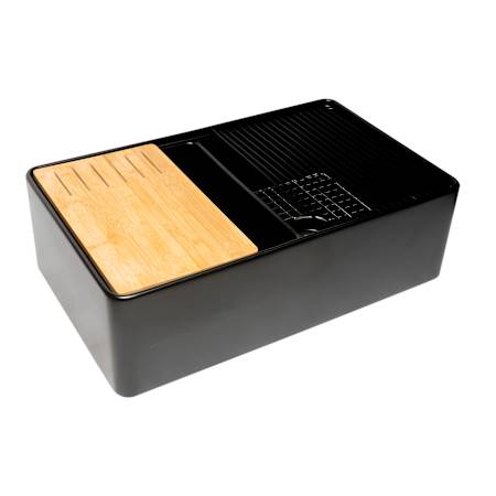ALFI brand 33" Farmhouse Double Basin Fireclay Kitchen Sink with Basin Rack, Colander, Cutting Board and Drain Board Black Matte