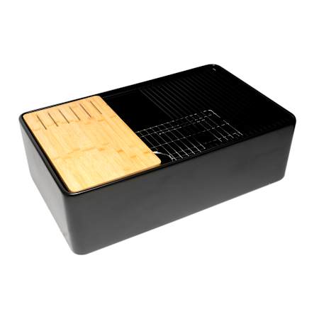 ALFI brand 33" Farmhouse Single Basin Fireclay Kitchen Sink with Basin Rack, Colander, Cutting Board and Drain Board Black Matte